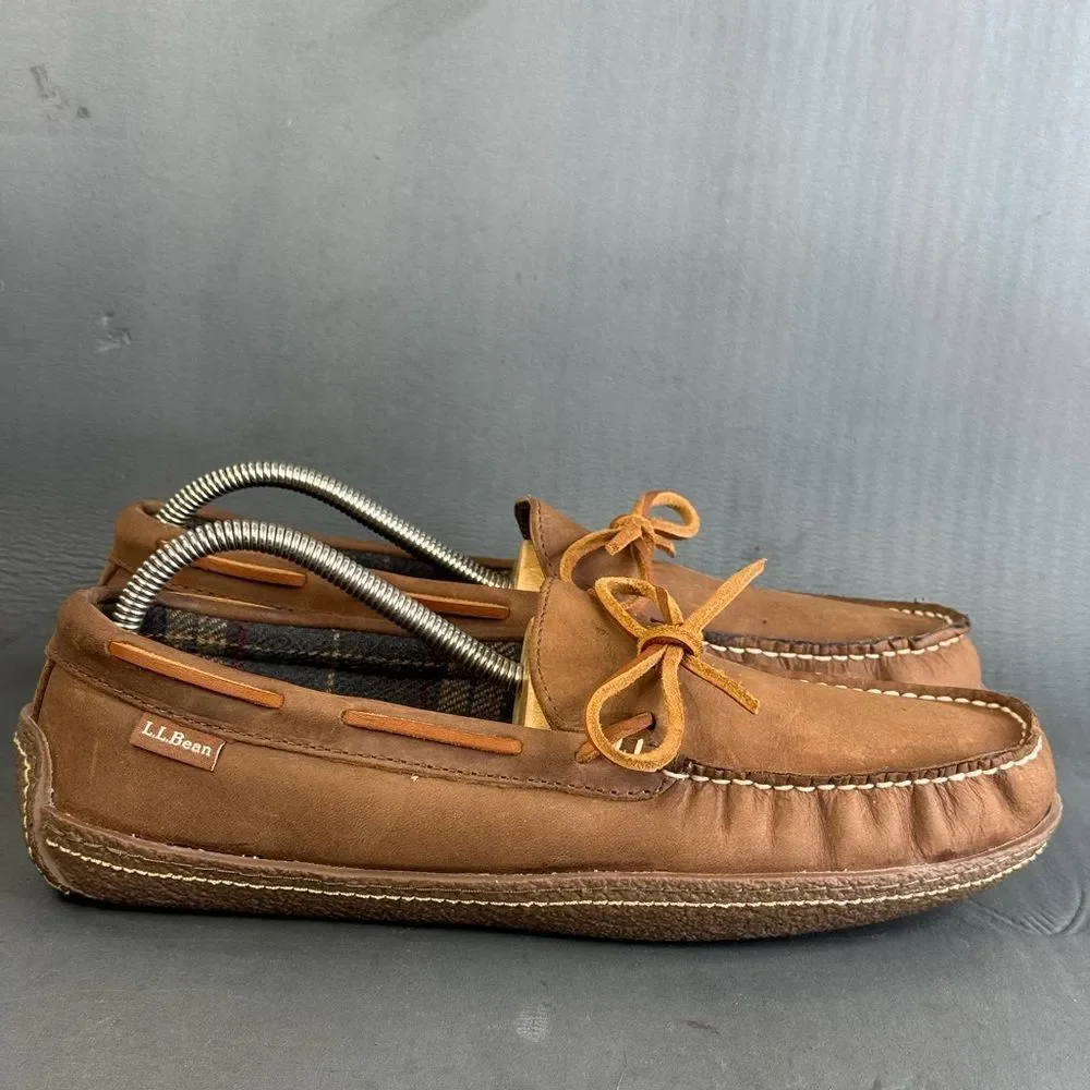 L.L. Bean Men's Handsewn Flannel-Lined leather Slippers shoes size